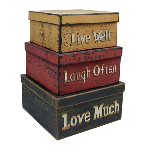 CVHOMEDECO. Primitive Vintage Square “Live Well, Laugh Often, Love Much” Cardboard Nesting Boxes, Large 11 X 11 X 5-1/2 Inch. Set of 3. - color: Live Well, Laugh Often, Love Much, size: 11" X 11" X 5-1/2"H