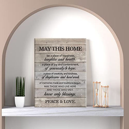 New Home Wall Art May This Home Be a Place of Happiness Canvas Print Inspirational Quote Framed Painting for Wall & Tabletop Decor Housewarming Gift
