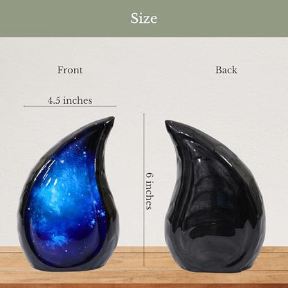 NORSE'S TRADECRAFT Teardrop Urn for Ashes Adult Male & Female, Metal Cremation Urn with Blue Galaxy Design, Memorial Gifts with Velvet Bag, Handcrafted Memorial Box for Funeral - 60 cu in