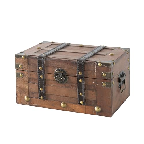 SLPR - Alexander Small Wooden Treasure Chest with Hinged Lid, 11x7x5.5 In | Wood Keepsake Storage Box for Kids Prizes and Classroom, Vintage Pirate Trunk, Decorative Memory Chest, Time Capsule