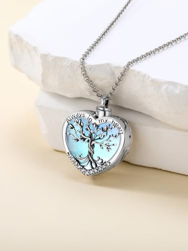 TOUPOP Tree of Life Urn Necklaces for Ashes 925 Sterling Silver Heart Cremation Jewelry Memorial Keepsake Jewelry with Funnel Filler for Women Men - color: A-Heart Tree of Life-Moonstone