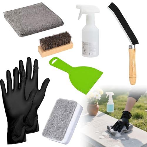 Granite Headstone Cleaner Kit - Heavy Duty 6-Piece Stone Scrub Set for Cemetery Maintenance, Includes Stiff Bristle Brushes, Scraper, Sponge & Towels Cleaning pot (Granite/Marble/Sandstone)