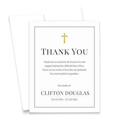 Modern Pink Paper Simple Funeral Thank You Cards Memorial Thank You Notes, Funeral Thank You Notes with Envelopes, Sympathy Notes for Funerals, Your Choice of Quantity and Envelope Color - color: Black and Gold