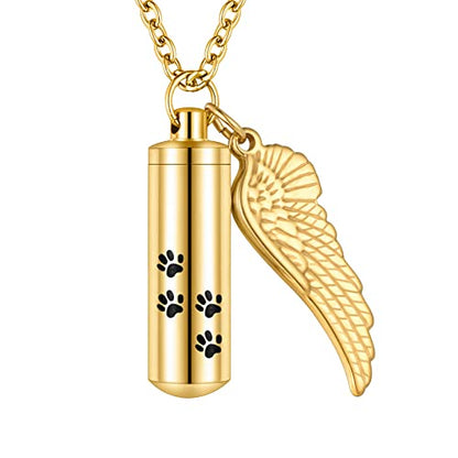 abooxiu Cylinder Cremation Necklace for Pet Ashes Urn Necklace with Angel Wing Pet Paw Ashes Necklace for Dog/Cat Memorial Keepsake Jewelry - color: Gold