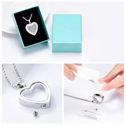 zeqingjw Glass Cremation Jewelry Necklace for Ashes Heart Memorial Lockets for Ashes Stainless Steel Keepsake Urn Ashes Pendants - color: Silver-Always in my heart