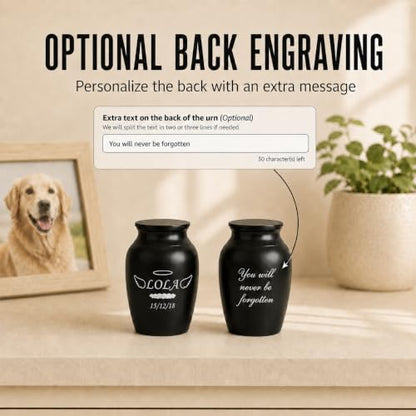 Personalized Cremation Keepsake Pet Ashes & Fur Mini Urn Waterproof with Airtight with Airtight Closure Customized Text Engraving Vase Container Memorial Dog (Angel Wings & Halo)