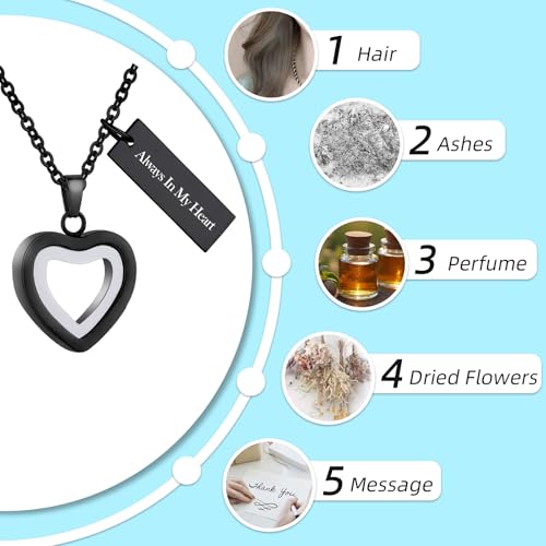 Glass Heart Cremation Urn Necklace for Ashes Stainless Steel Memorial Ash Pendant Keepsake Jewelry Cremation Jewelry for Women - color: Black-Always In My Heart