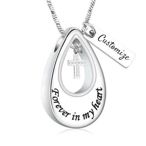 Yinplsmemory Cremation Urn Necklace for Ashes Urn Jewelry Forever in My Heart Stainless Steel Memorial Keepsake Cross Pendant for Human Pet - color: Customize