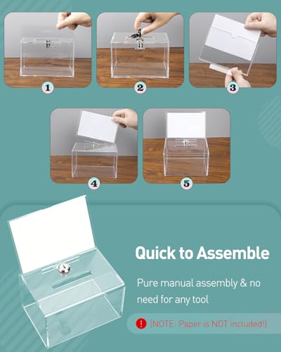 Uniclife 6.3"x 4.6" x 4"Clear Thickened Acrylic Donation Box with Slot Lock | Sign holder attached, serves as plastic storage box for charity, fundraising and tip collection use