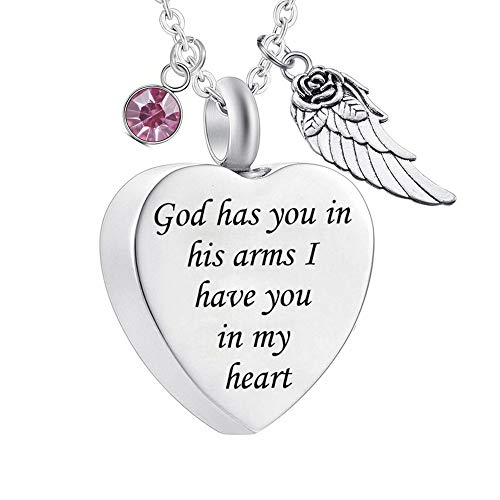 God has You in his arms with Angel Wing Charm Cremation Ashes Jewelry Keepsake Memorial Urn Necklace with Birthstone Crystal - color: October
