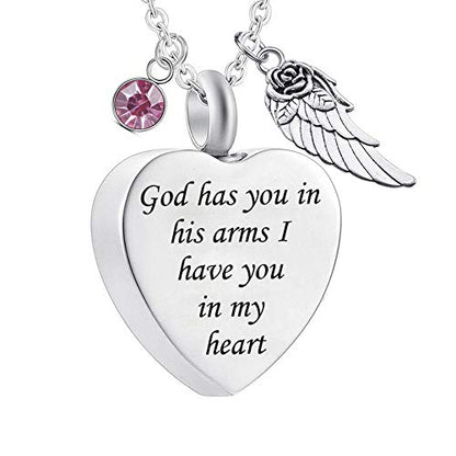 God has You in his arms with Angel Wing Charm Cremation Ashes Jewelry Keepsake Memorial Urn Necklace with Birthstone Crystal - color: October