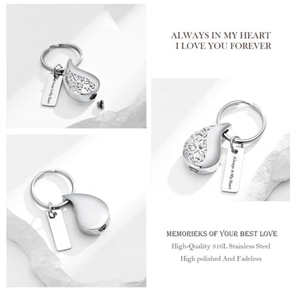 Hearbeingt Teardrop Urn Keychain for Ashes Tree of Life Cremation Jewelry - color: A-silver