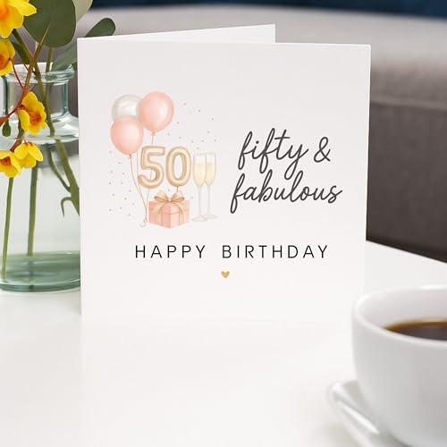 TEEMI-40th 50th 60th Birthday Card for Women - Fabulous Birthday Greeting Card with Envelope, Rose Gold Balloons Champagne Design, 300gsm Premium Cardstock, Blank Inside for Mom Sister Friend Wife (50th) - color: 50th