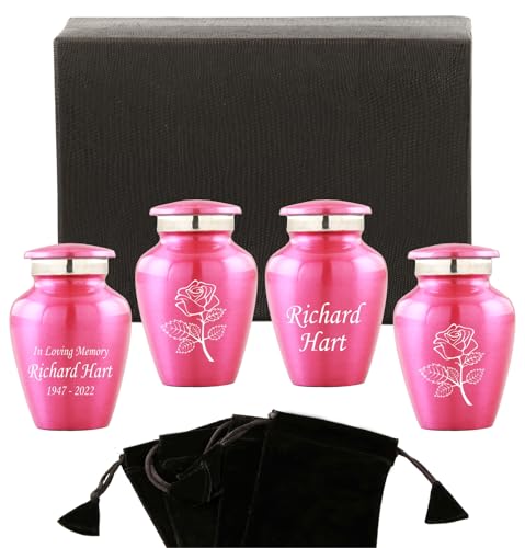 The Loving Memorial Small Keepsake Urns for Human Ashes Set of 4 - Mini Cremation Urns with Velvet Pouches and Gift Box - Pink Rose Engraved Sharing Memorial Urns
