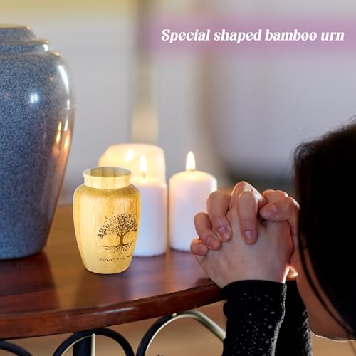 Beeveer 4 Sets Small Urn for Human Ashes Mini Urns with Tree Pattern Engraved Biodegradable Bamboo Cremation Urns for Pet Ashes with Black Velvet Bags