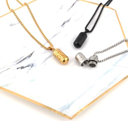Tibetan Buddhist Meditation Stainless Steel Pendant Memorial Cremation Ash Pill Container Necklace 23.6+1.96" Chain - color: Silver