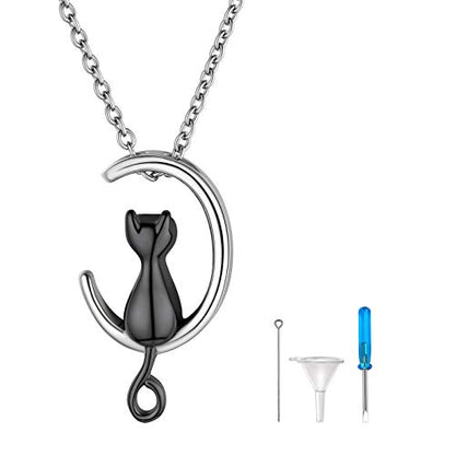 FindChic Personalized Urn Necklaces for Ashes Vertical Bar/Moon Cat/Sand Clock/Dog Claw Pendant Stainless Steel/18K Gold Plated/Black Waterproof Keepsake Cremation Jewelry with Funnel, with Gift Box - color: 2. cat (black)