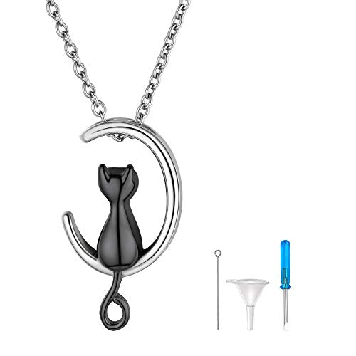 FindChic Personalized Urn Necklaces for Ashes Vertical Bar/Moon Cat/Sand Clock/Dog Claw Pendant Stainless Steel/18K Gold Plated/Black Waterproof Keepsake Cremation Jewelry with Funnel, with Gift Box - color: 2. cat (black)