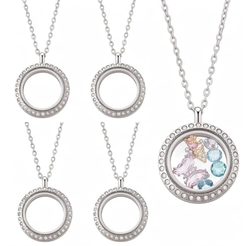 8Pcs 4 Sets 25mm Stainless Steel Floating Charm Locket Necklace Clear Locket Pendant Bulk Screw Thread Closure Rhinestone Living Memory Photo Keepsake Pendant Making Kit for Women Nostalgic - style: 25mm silver rhinestone