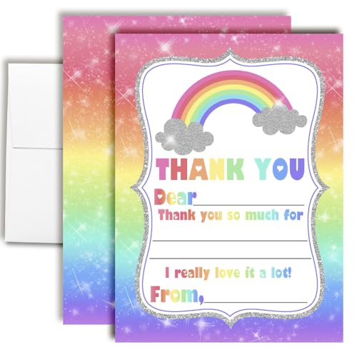 Rainbow Sparkle Thank You Notes for Kids, Ten 4" x 5.5" Fill In The Blank Cards with 10 White Envelopes by AmandaCreation - style: Rainbow Sparkle