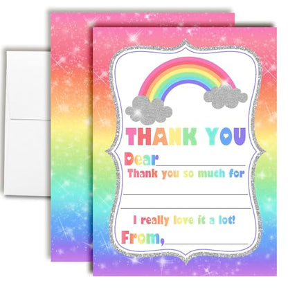 Rainbow Sparkle Thank You Notes for Kids, Ten 4" x 5.5" Fill In The Blank Cards with 10 White Envelopes by AmandaCreation - style: Rainbow Sparkle