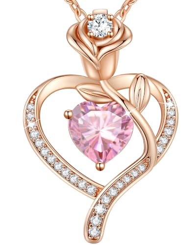 925 Sterling Silver Rose Love Heart Birthstone Necklaces for Women Jewelry | Hypoallergenic Nickel-Free & Lead-Free Pendant,Birthday Anniversary Christmas Gift for Women Wife Mom Girlfriend - color: Rose Gold-10-Oct