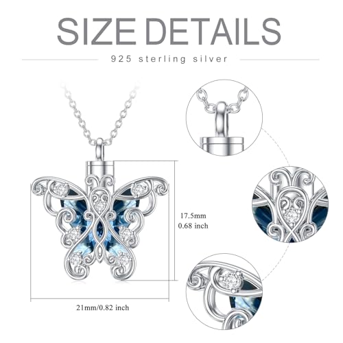 AOBOCO Heart URN Necklace S925 Sterling Silver Cremation Necklaces for Ashes Embellished with Crystals from Austria, Fine Keepsake Memorial Jewelry (Package including a Necklace/Pin/Funnel) - style: C4-Butterfly Ashes Necklace Blue