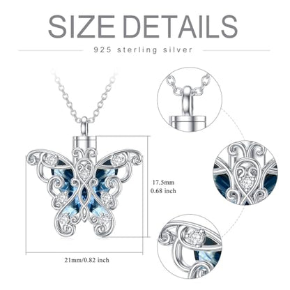 AOBOCO Heart URN Necklace S925 Sterling Silver Cremation Necklaces for Ashes Embellished with Crystals from Austria, Fine Keepsake Memorial Jewelry (Package including a Necklace/Pin/Funnel) - style: C4-Butterfly Ashes Necklace Blue
