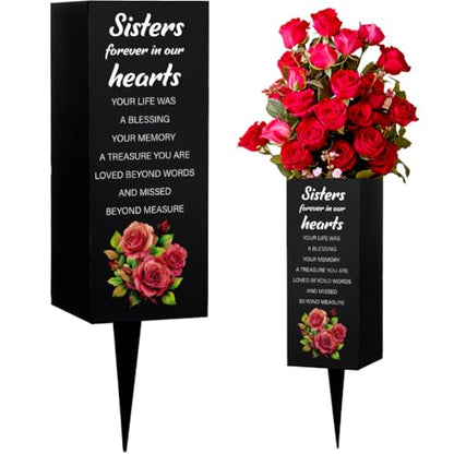 WEBEEDY Grave Vases with Spike Sisters Memorial Cemetery Vase Rose Bush Grave Decoration for Cemetery Memorial Gift Metal Graves Flower Holder for Funeral (Sister Forever in Our Heart),1 pc (3x8 Inch)