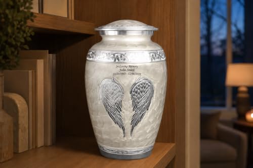 White Angel Wings Funeral Cremation Urn with Matching Keepsake, Velvet Bag and Personalization (Pearl White, Large) - color: Pearl White, size: Large