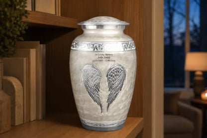 White Angel Wings Funeral Cremation Urn with Matching Keepsake, Velvet Bag and Personalization (Pearl White, Large) - color: Pearl White, size: Large