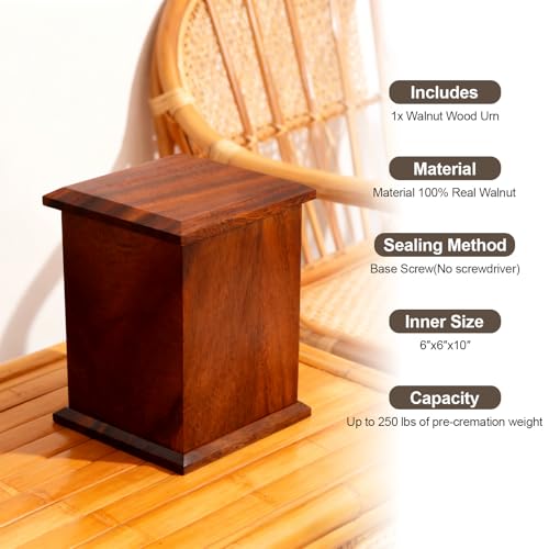 Walnut Wooden Urn for Human Cremation Ashes, Handcrafted Up to 200lbs Adult | 100% solid walnut, vertical style, ideal size for men & women