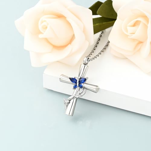 shajwo Butterfly Cross Urn Necklaces for Ashes for Women Men - color: Silver-Blue