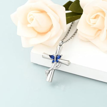 shajwo Butterfly Cross Urn Necklaces for Ashes for Women Men - color: Silver-Blue