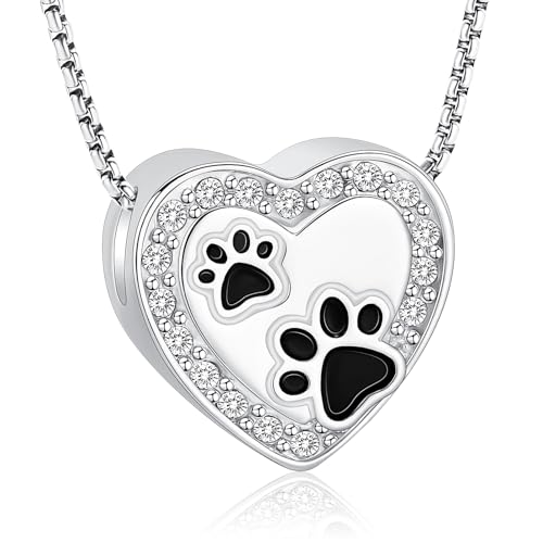 Oinsi Pet Cremation Jewelry - Heart Urn Necklaces for Dog Cat Ashes Keepsake Pet Paw Memorial Urn Pendant Ash Holder for Women Men - color: Sliver