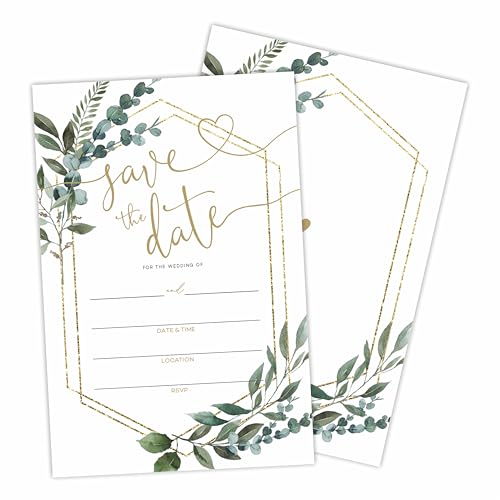 Save The Date Wedding Invitations, Greenery & Golden Geometry, 25 Wedding Invites With Envelopes, Fill In Style Invites For Mr & Mrs Celebration, Party Favor & Supplies - A05 - color: Save The Date