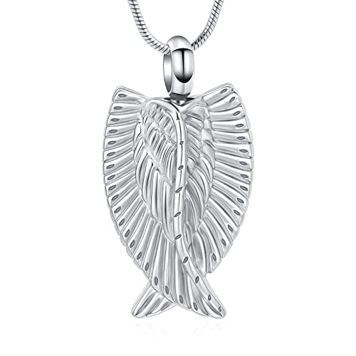 Angel Wings Cremation Jewelry Necklaces Stainless Steel Urn Necklaces for Ashes Memorial Keepsake Pendant for Women Men Gifts With Funnel Kit & Bag - color: Silver