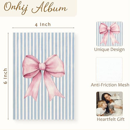 Coquette Pink Bow Photo Album 4x6 Hold 36 Photos, Retro Preppy Blue Striped Aesthetic Small Photo Album Picture Memory Book Keepsake for Graduation Wedding Anniversary Travel Vacation - color: Pink Bow 4