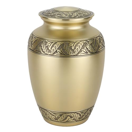 Custom Engraved Classic Laurel Gold Cremation Urn for Ashes - Extra Large, Brass, Gold Companion Urn, Extra Large Adult Sized Cremation Urn, 11.625 Inches High