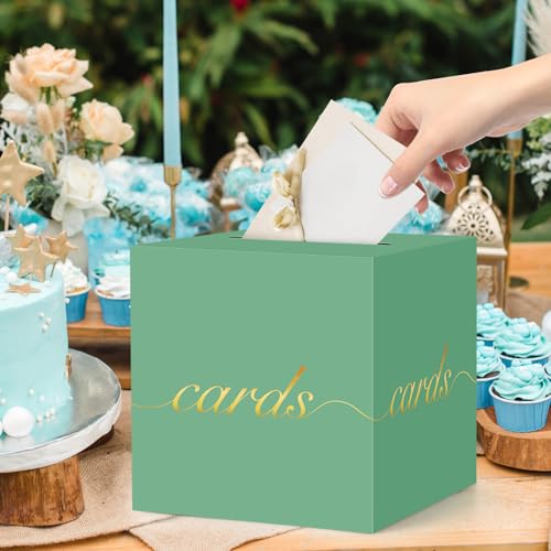 Green Card Box Gold Foil Wedding Favors Gift Card Boxes Post Box Receiving Money Box Holder for Wedding Reception, Baby Showers, Anniversary, Birthday Party, Retirement, Graduation Envelope Holder - color: Green and Gold