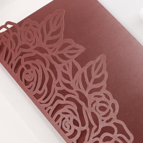50pcs Tri Fold Wedding invitations Rose Hollow Laser Cut 5x7 '' Burgundy | Blank Wedding Invitation Cards with Envelopes and RSVP Card for Anniversary Engagement Bridal Shower Quinceanera Party Invite - color: Burgundy