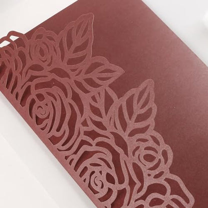 50pcs Tri Fold Wedding invitations Rose Hollow Laser Cut 5x7 '' Burgundy | Blank Wedding Invitation Cards with Envelopes and RSVP Card for Anniversary Engagement Bridal Shower Quinceanera Party Invite - color: Burgundy