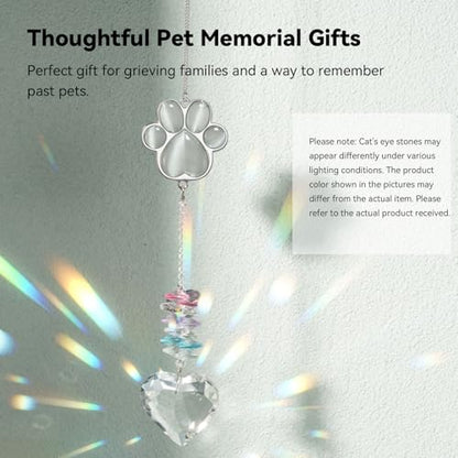 Dog Memorial Gifts, Pet Memorial Suncatcher, Loss of Dog Sympathy Gift | Thoughtful Dogs and Cats Bereavement Remembrance Gifts, Natural Cat's Eye Stone Paw Crystal Suncatcher - color: Silver Gray