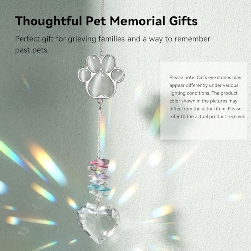 Dog Memorial Gifts, Pet Memorial Suncatcher, Loss of Dog Sympathy Gift | Thoughtful Dogs and Cats Bereavement Remembrance Gifts, Natural Cat's Eye Stone Paw Crystal Suncatcher - color: Silver Gray