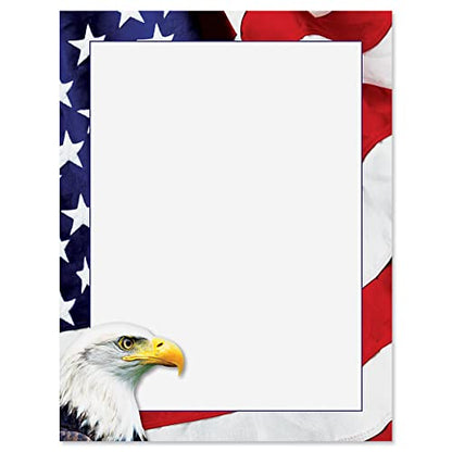 American Eagle Patriotic Letter Papers - Set of 25, American Flag stationery papers, 8 1/2" x 11", compatible computer paper, Patriotic Letterhead, 4th of July flyers, Veterans Day, Memorial Day - color: American Eagle