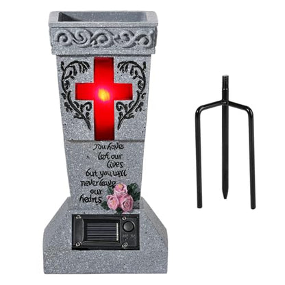 Lewondr Solar Cemetery Vases for Grave, Cross Grave Vases with Spikes | Waterproof Memorial Flower Holder with Solar LED Cross Light,Sympathy Gifts for Loss of Loved One, Gray - color: Gray