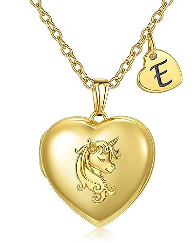 YOUFENG Heart Letter Unicorn Locket Necklace Initial Locket that Holds Pictures Locket Birthday Gifts - color: E