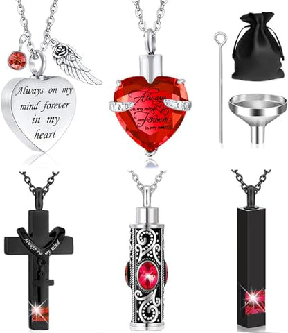 5 Piece Urn Necklace for Ashes, Red Cremation Jewelry for Ashes, Crystal Heart Cross Cubic Ashes Necklace with Angel Wing, Ashe Keepsake for Men and Women with Small Spoon, Funnel, Velvet Bag - color: red