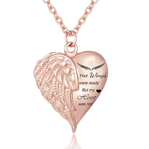 Heart Cremation Urn Necklace Human Ashes Jewelry for Women Men Engraved Your Wings were Ready but My Heart was Not Angel Wings Memorial Pendant Necklace Gift for Family Members - color: Rose Gold