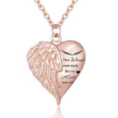 Heart Cremation Urn Necklace Human Ashes Jewelry for Women Men Engraved Your Wings were Ready but My Heart was Not Angel Wings Memorial Pendant Necklace Gift for Family Members - color: Rose Gold